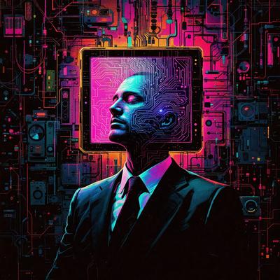 The primary subject of the image is a man wearing a suit and tie, with a TV screen on his head. The setting is a futuristic environment, possibly a computer lab or a technological space. The visual style is a combination of digital art and illustration, creating a unique and intriguing scene. The colors and mood of the image are predominantly blue and purple, giving it a futuristic and surreal atmosphere.